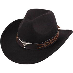Unisex Black 100% Polyester Bull Skull Buckle Band Fedora Cowboy Felt Hat